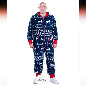 TIPSY ELVES Blue Reindeer Fleece Hooded One Piece Jumpsuit Pajamas Men's Small